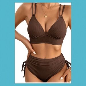 Brown Ribbed Bikini Set